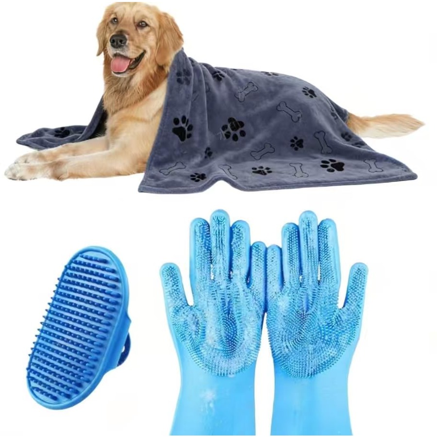 Pet X Supplies & Tack Photos - 3点セット 犬用バス用品、犬用バスブラシ、犬用洗浄用手袋、犬用タオル 40インチ x 23.6インチ、超吸収性で柔らかいペットグルーミングタオル
