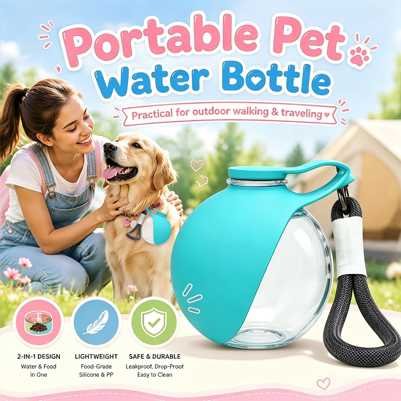 Pet Supplies Dog Food - 新型2026年版 2in1携帯用犬用ウォーターボトル、ストラップ付き折りたたみ式シリコンボウル、漏れ防止コンパクト旅行用ペット給水ボトル、人気商品
